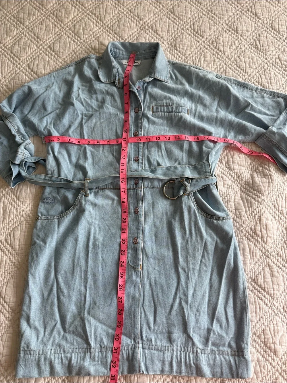 LACOSTE Light Blue Denim Belted Dress with Collar Sz 36 Long Sleeves Denim Mini - Picture 8 of 10